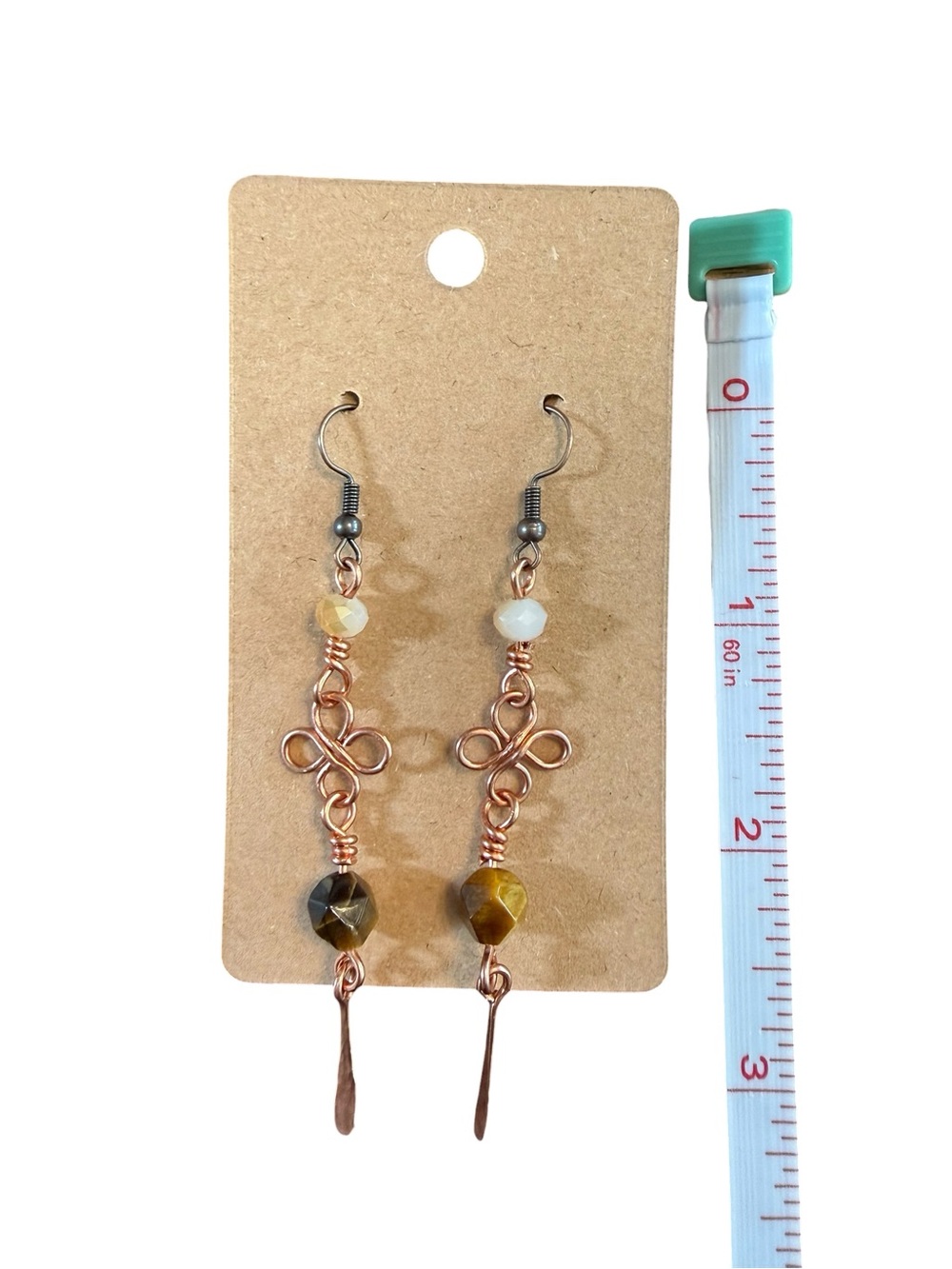 Copper Wire Loop Earrings Faceted Glass & Tigers Eye Beads Red Copper Ear Wires - Picture 2 of 3